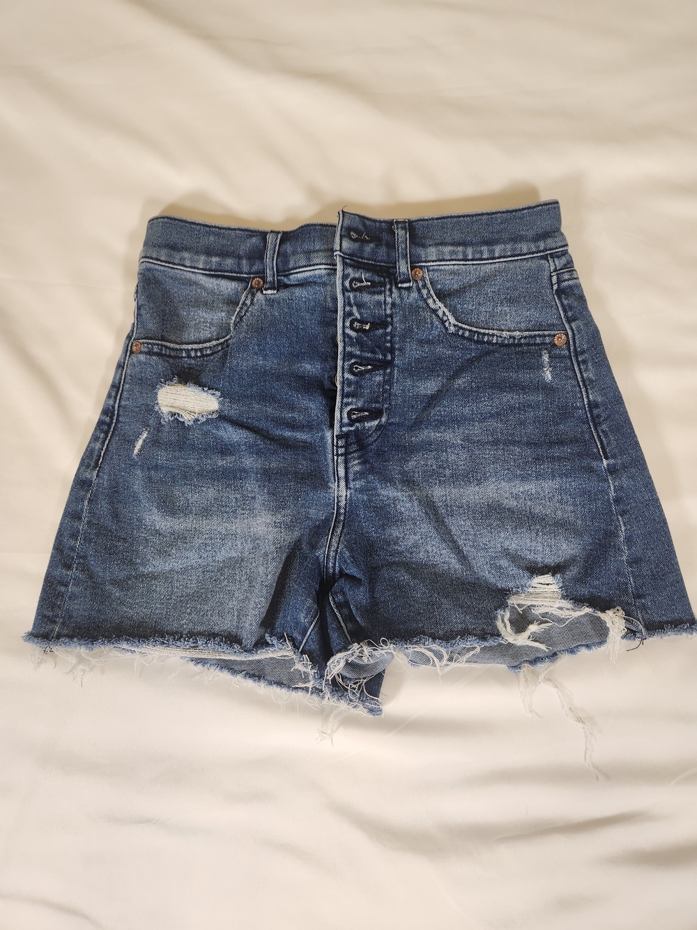 Express High Waist Distressed Denim Shorts - Blue